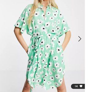 Monki Mimmi ecovero midi shirt dress in green floral print size large